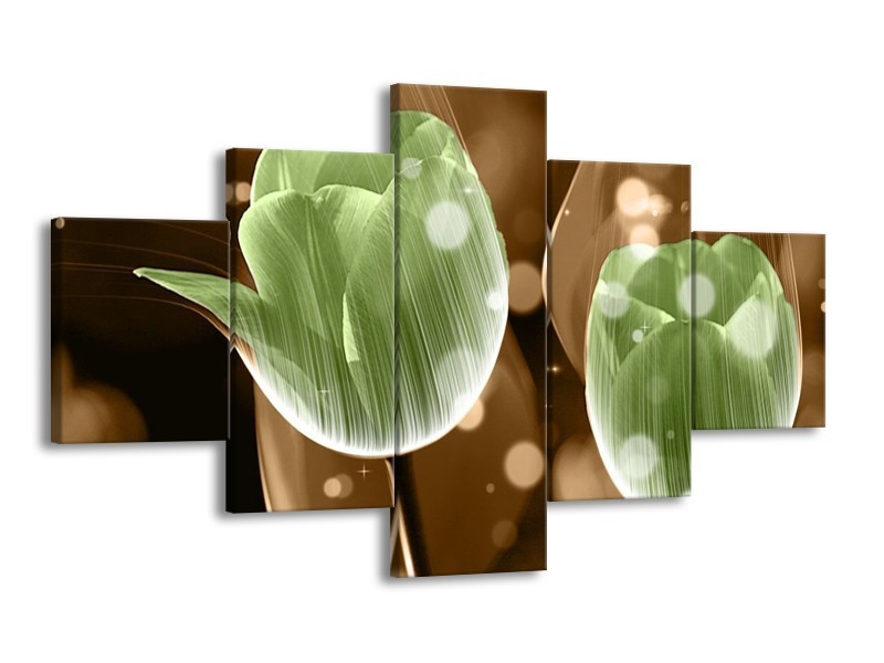 Canvas schilderij Tulp | Groen, Bruin | 125x70cm 5Luik