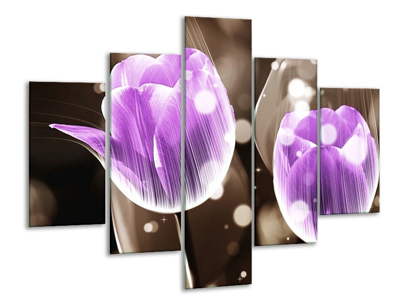 Canvas schilderij Tulp | Paars, Grijs | 100x70cm 5Luik