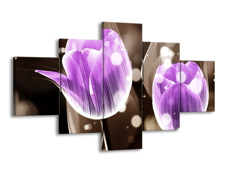 Canvas schilderij Tulp | Paars, Grijs | 125x70cm 5Luik