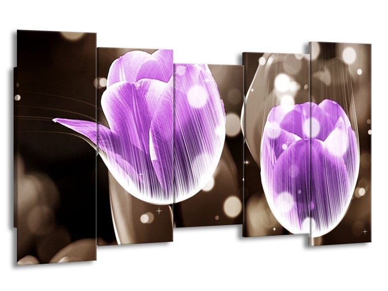 Canvas schilderij Tulp | Paars, Grijs | 150x80cm 5Luik