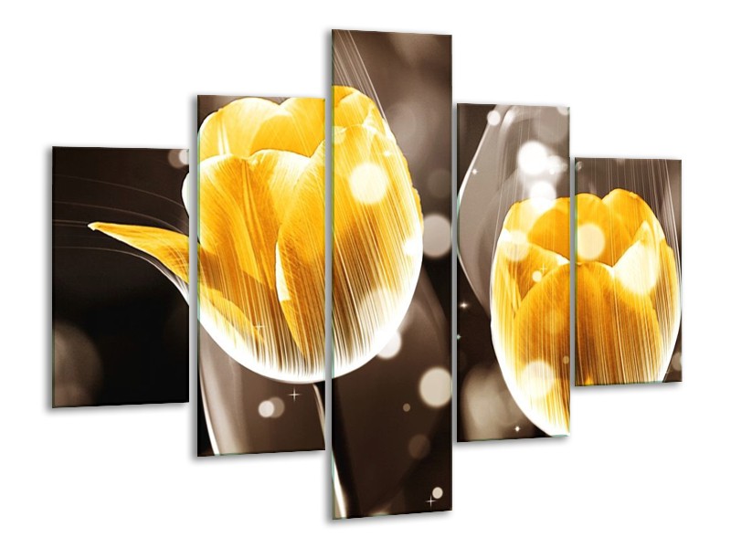 Canvas schilderij Tulp | Geel, Oranje, Bruin | 100x70cm 5Luik