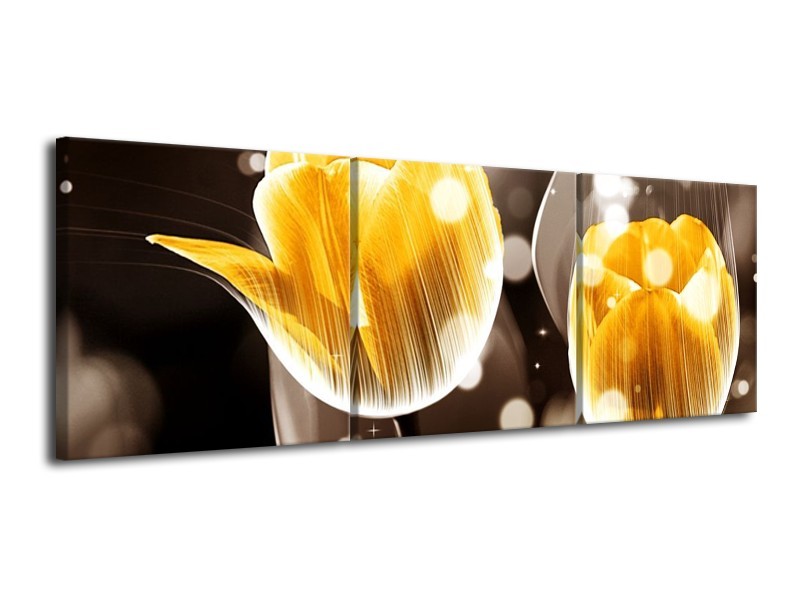 Canvas schilderij Tulp | Geel, Oranje, Bruin | 120x40cm 3Luik