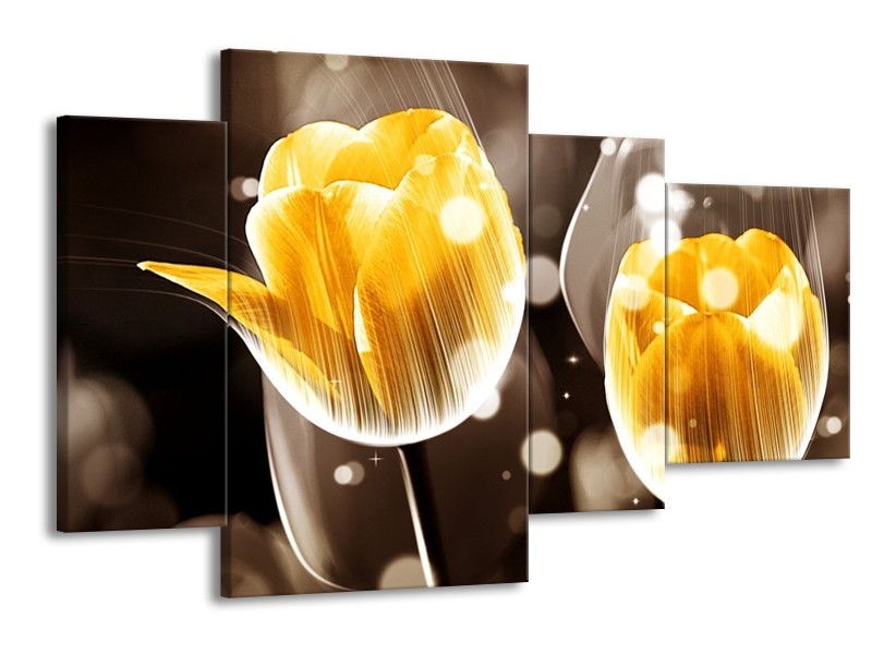 Canvas schilderij Tulp | Geel, Oranje, Bruin | 120x75cm 4Luik