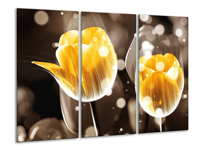 Canvas schilderij Tulp | Geel, Oranje, Bruin | 120x80cm 3Luik