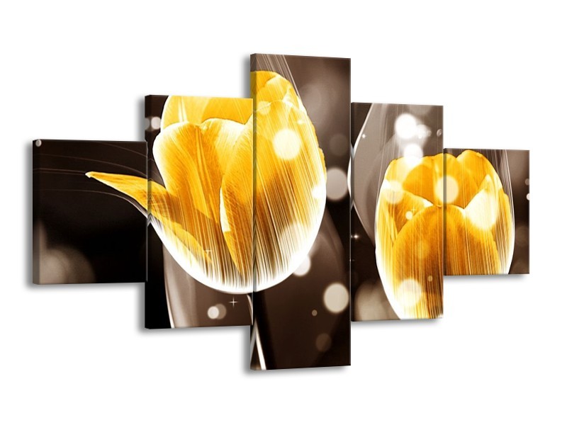 Canvas schilderij Tulp | Geel, Oranje, Bruin | 125x70cm 5Luik