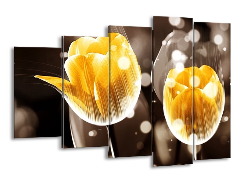 Canvas schilderij Tulp | Geel, Oranje, Bruin | 150x100cm 5Luik