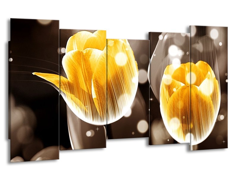Canvas schilderij Tulp | Geel, Oranje, Bruin | 150x80cm 5Luik