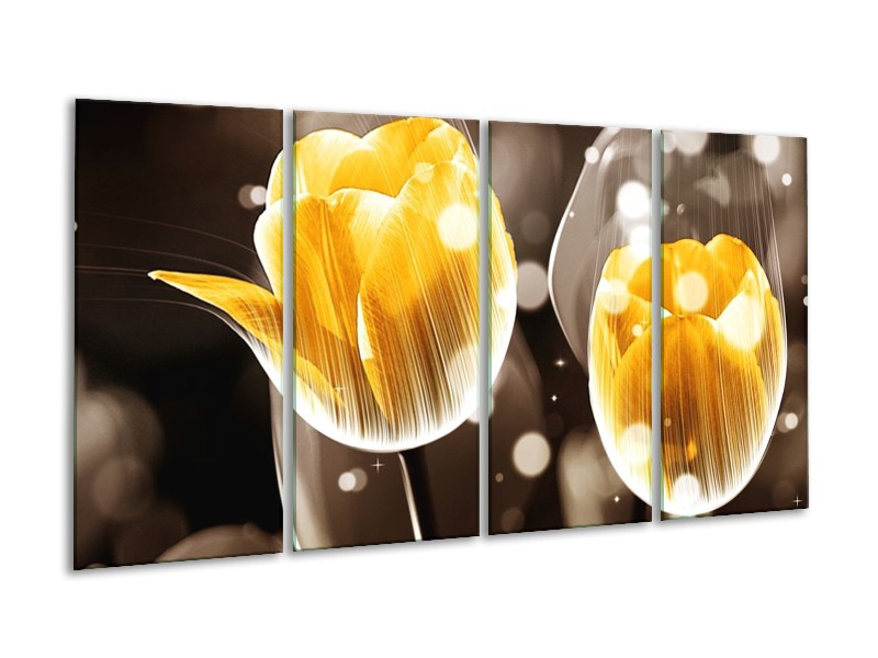 Canvas schilderij Tulp | Geel, Oranje, Bruin | 160x80cm 4Luik