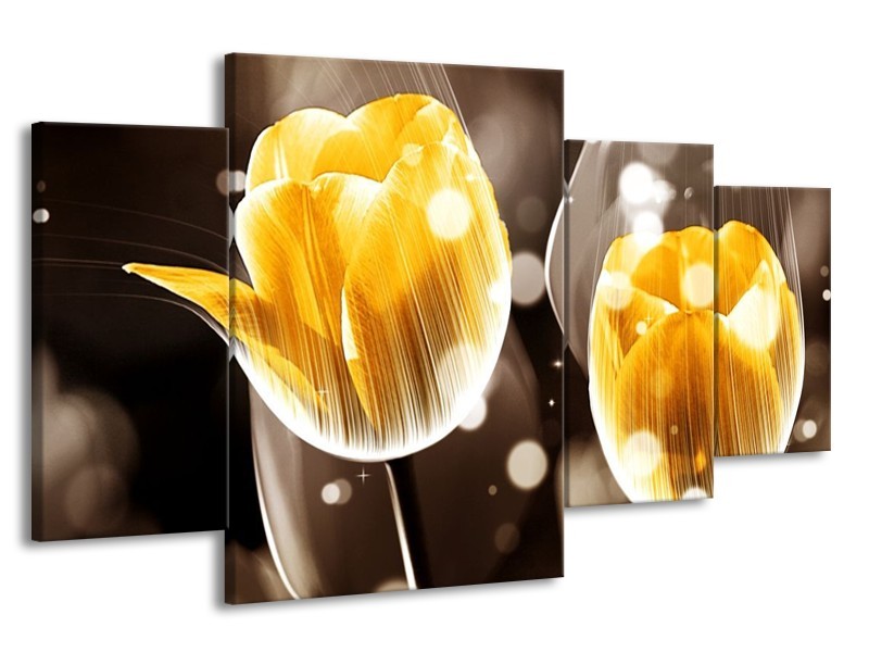 Canvas schilderij Tulp | Geel, Oranje, Bruin | 160x90cm 4Luik