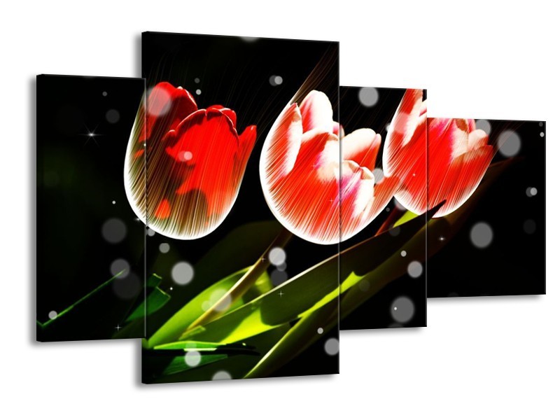 Canvas schilderij Tulp | Rood, Groen, Zwart | 120x75cm 4Luik