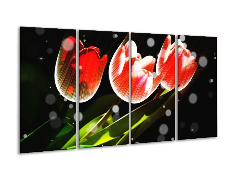 Canvas schilderij Tulp | Rood, Groen, Zwart | 160x80cm 4Luik
