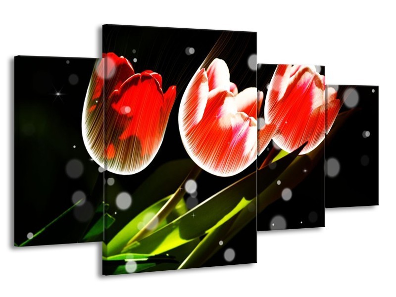 Canvas schilderij Tulp | Rood, Groen, Zwart | 160x90cm 4Luik