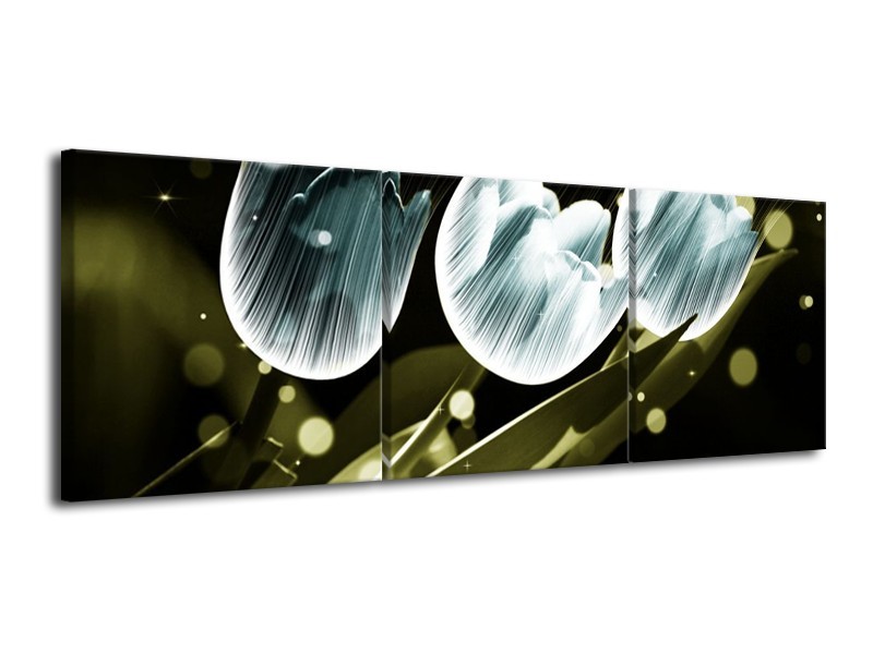 Canvas schilderij Tulp | Blauw, Groen | 120x40cm 3Luik