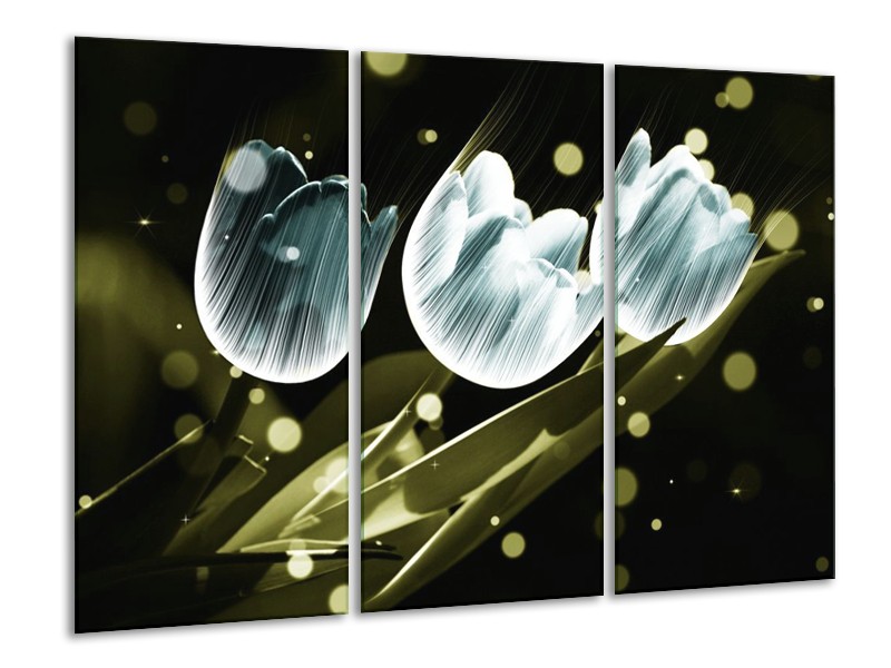 Canvas schilderij Tulp | Blauw, Groen | 120x80cm 3Luik
