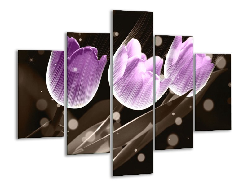 Canvas schilderij Tulp | Paars, Grijs | 100x70cm 5Luik