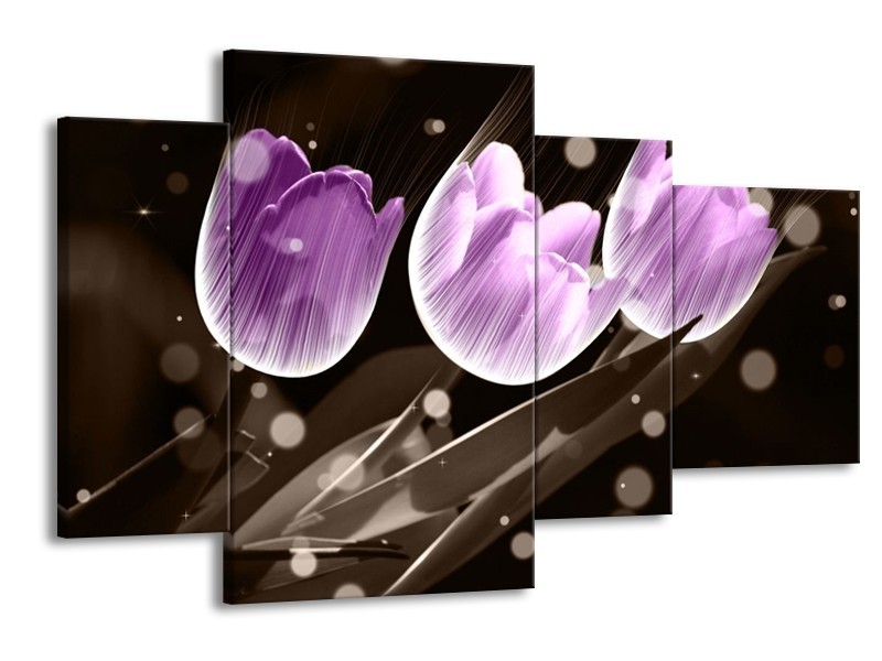 Canvas schilderij Tulp | Paars, Grijs | 120x75cm 4Luik