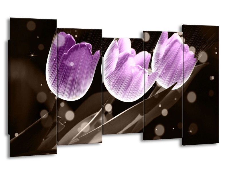 Canvas schilderij Tulp | Paars, Grijs | 150x80cm 5Luik
