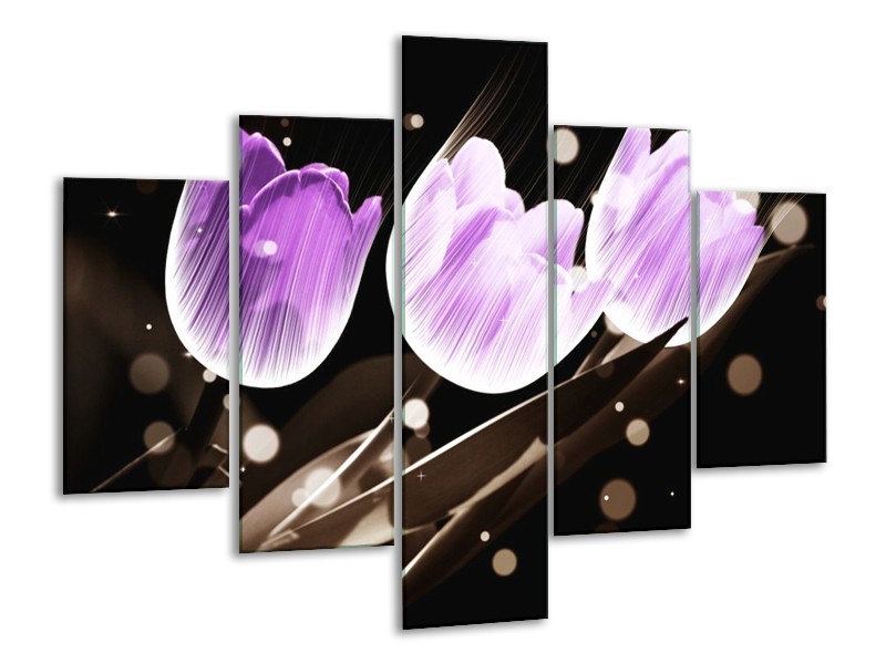 Canvas schilderij Tulp | Paars, Grijs | 100x70cm 5Luik