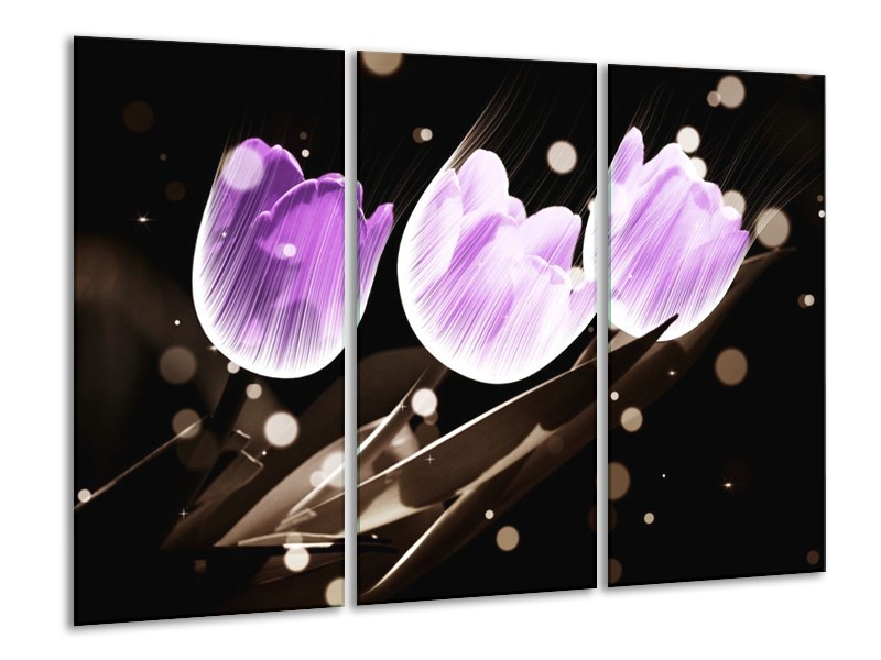 Canvas schilderij Tulp | Paars, Grijs | 120x80cm 3Luik