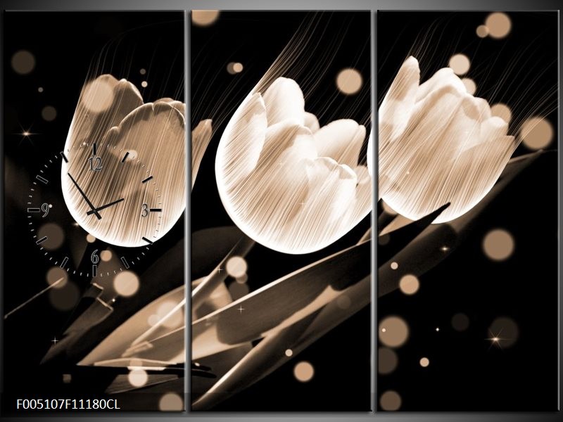 Klok schilderij Tulp | Wit, Zwart, Grijs | 111x80cm 3Luik