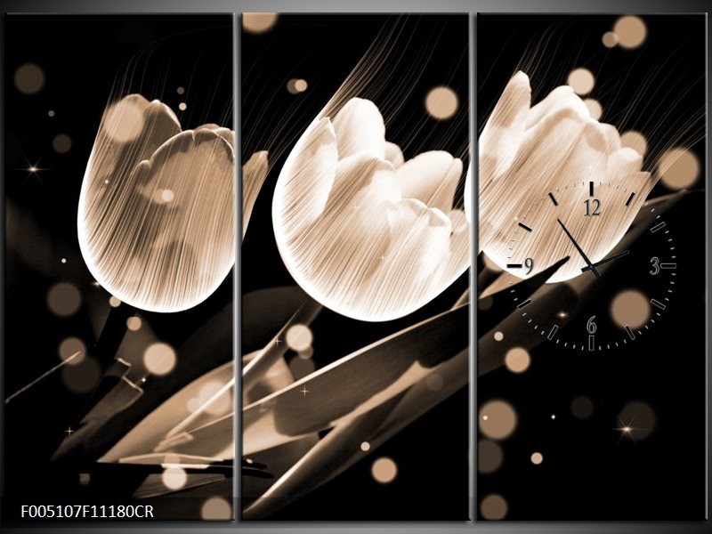 Klok schilderij Tulp | Wit, Zwart, Grijs | 111x80cm 3Luik