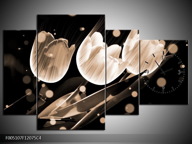 Klok schilderij Tulp | Wit, Zwart, Grijs | 120x75cm 4Luik