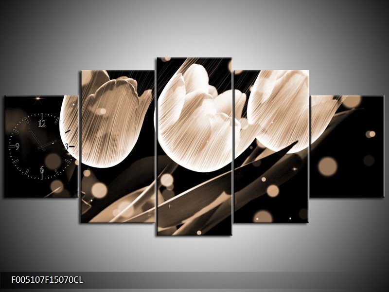 Klok schilderij Tulp | Wit, Zwart, Grijs | 150x70cm 5Luik
