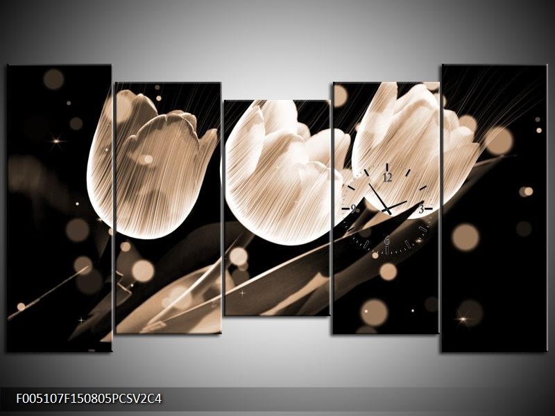 Klok schilderij Tulp | Wit, Zwart, Grijs | 150x80cm 5Luik