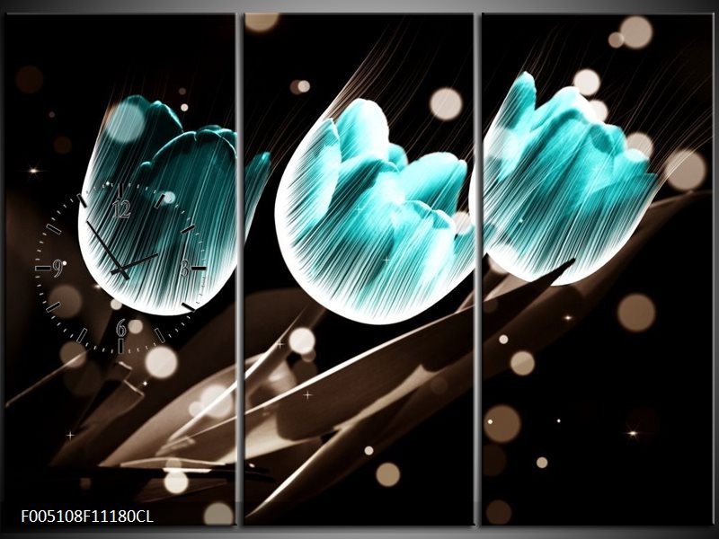 Klok schilderij Tulp | Blauw, Zwart | 111x80cm 3Luik