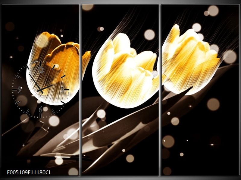 Klok schilderij Tulp | Geel, Zwart | 111x80cm 3Luik
