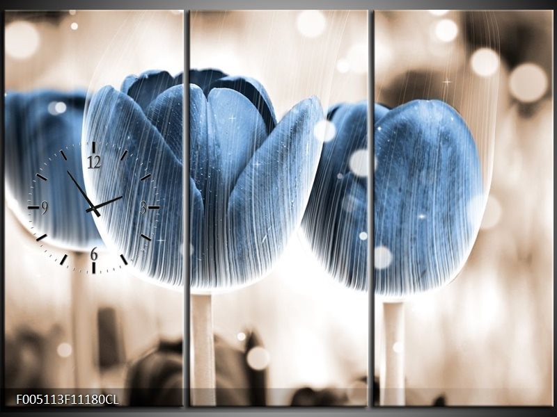 Klok schilderij Tulp | Blauw, Wit | 111x80cm 3Luik