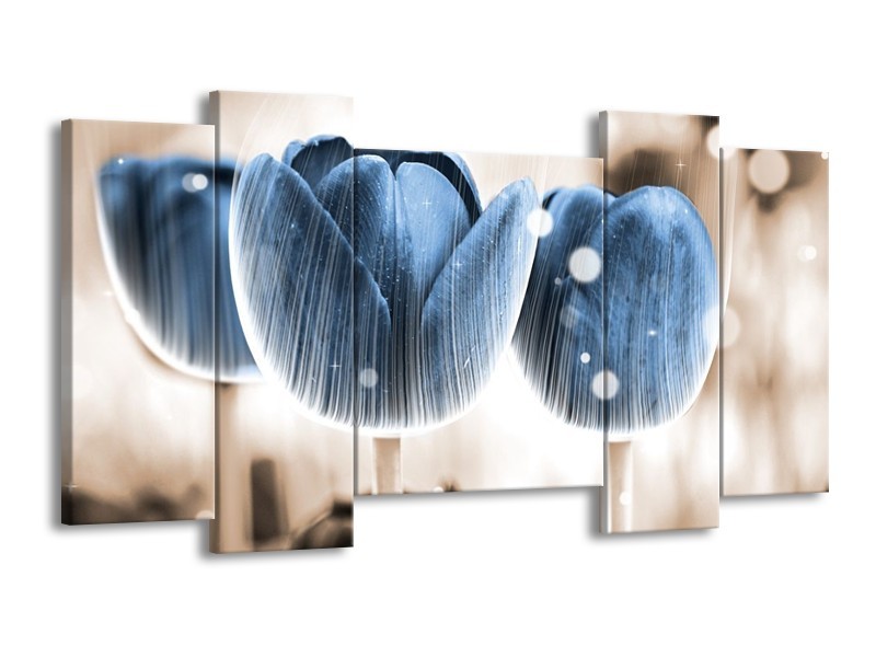 Canvas schilderij Tulp | Blauw, Wit | 120x65 5Luik