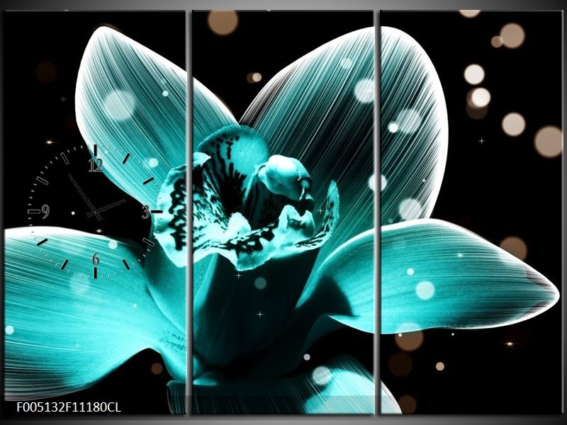 Klok schilderij Bloem | Blauw, Zwart | 111x80cm 3Luik