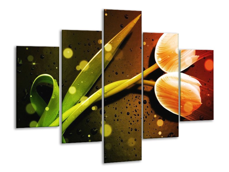Canvas schilderij Tulp | Oranje, Groen, Rood | 100x70cm 5Luik