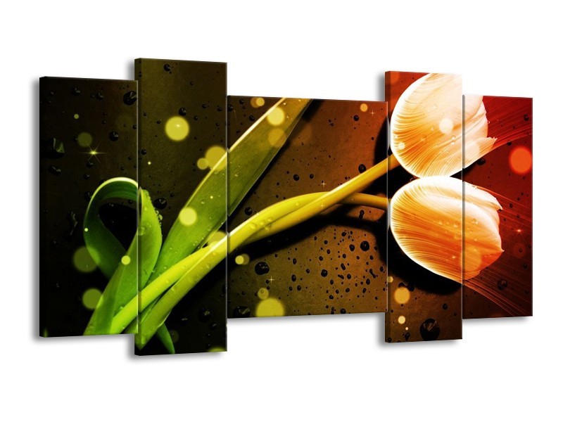 Canvas schilderij Tulp | Oranje, Groen, Rood | 120x65 5Luik