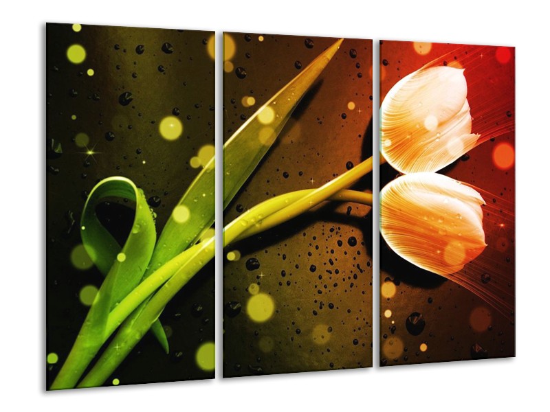 Canvas schilderij Tulp | Oranje, Groen, Rood | 120x80cm 3Luik