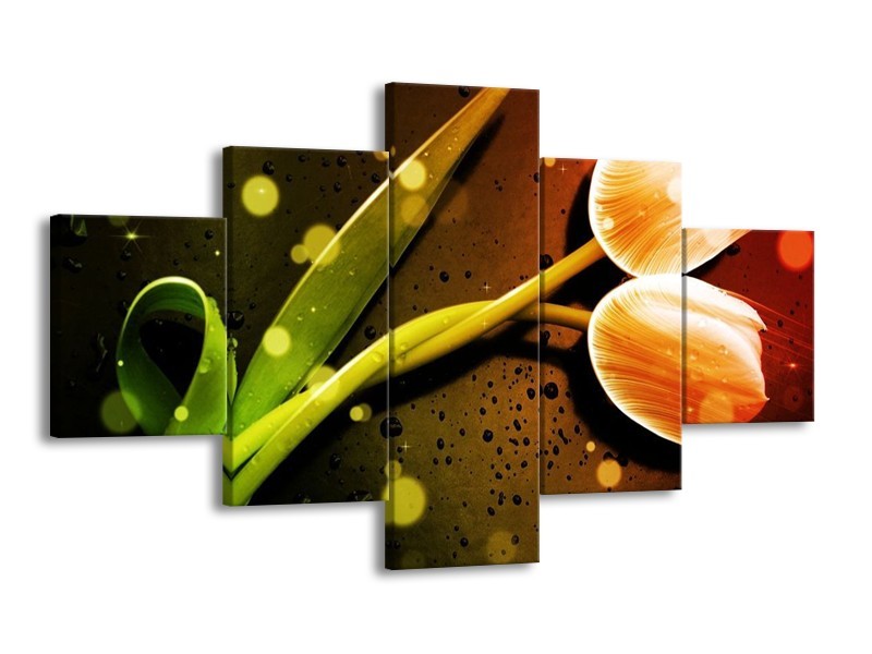 Canvas schilderij Tulp | Oranje, Groen, Rood | 125x70cm 5Luik