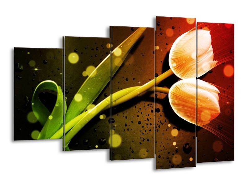 Canvas schilderij Tulp | Oranje, Groen, Rood | 150x100cm 5Luik