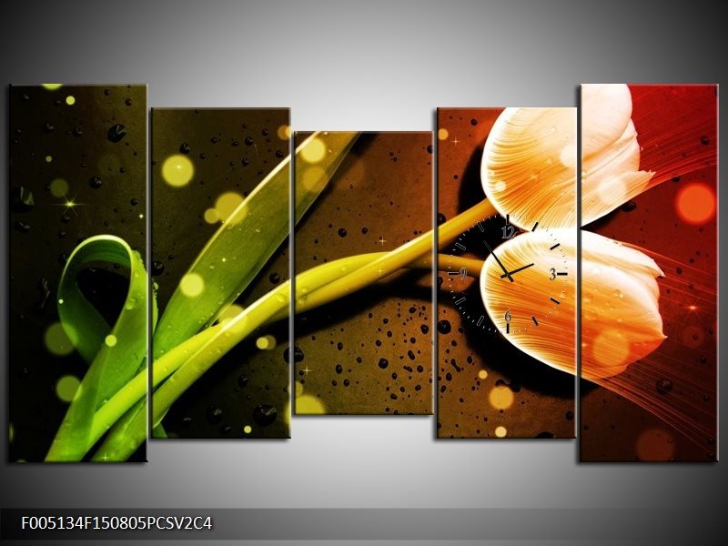 Klok schilderij Tulp | Oranje, Groen, Rood | 150x80cm 5Luik