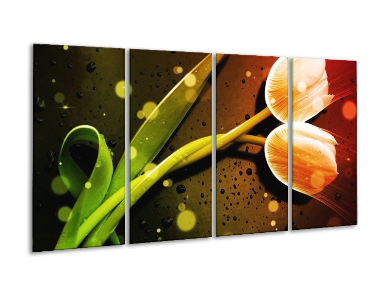 Canvas schilderij Tulp | Oranje, Groen, Rood | 160x80cm 4Luik