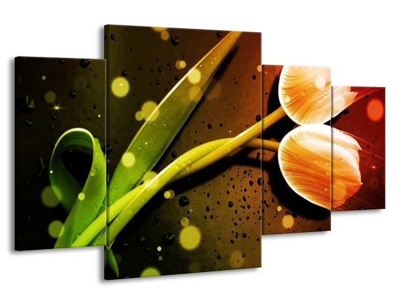 Canvas schilderij Tulp | Oranje, Groen, Rood | 160x90cm 4Luik