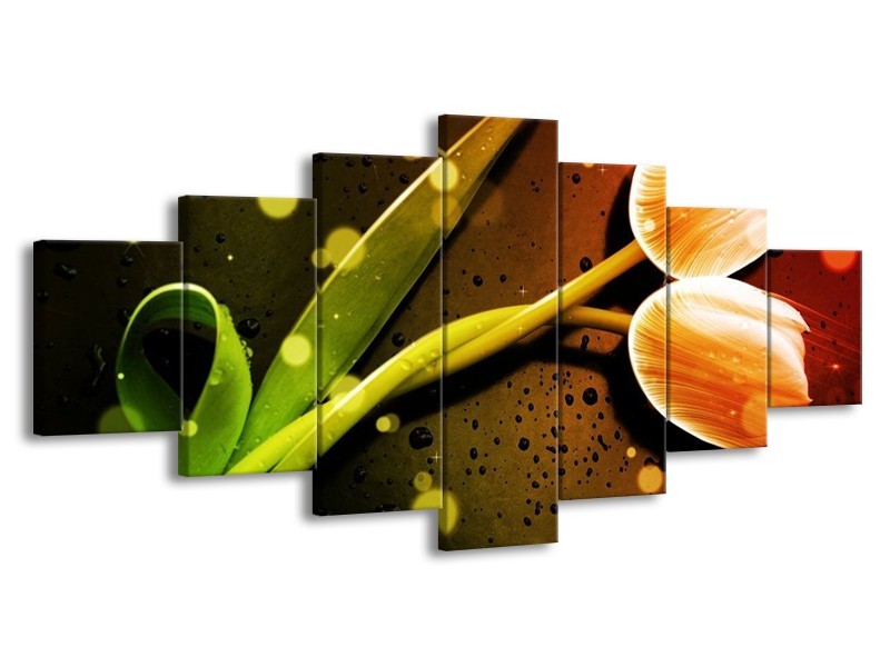Canvas schilderij Tulp | Oranje, Groen, Rood | 210x100cm 7Luik