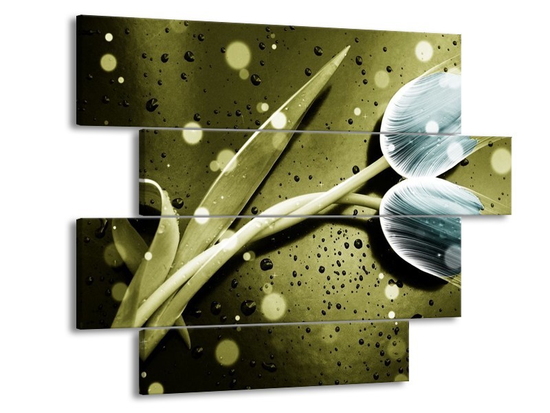 Canvas schilderij Tulp | Blauw, Groen, Grijs | 115x85cm 4Luik