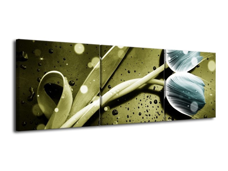 Canvas schilderij Tulp | Blauw, Groen, Grijs | 120x40cm 3Luik