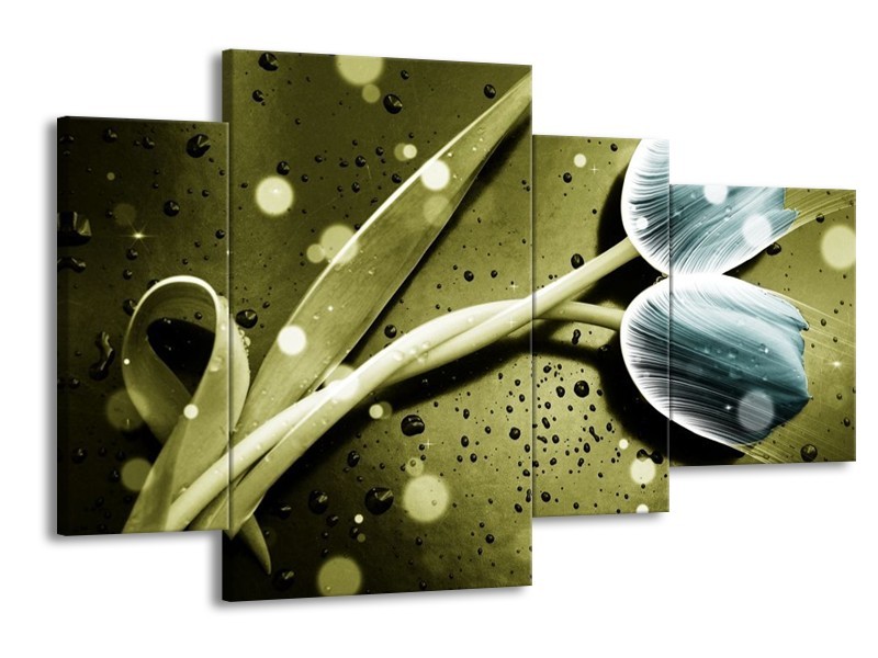 Canvas schilderij Tulp | Blauw, Groen, Grijs | 120x75cm 4Luik