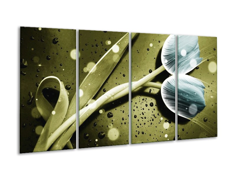 Canvas schilderij Tulp | Blauw, Groen, Grijs | 160x80cm 4Luik