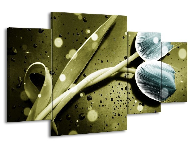 Canvas schilderij Tulp | Blauw, Groen, Grijs | 160x90cm 4Luik