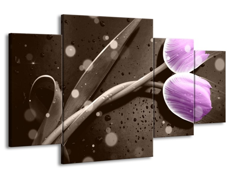 Canvas schilderij Tulp | Paars, Grijs | 160x90cm 4Luik