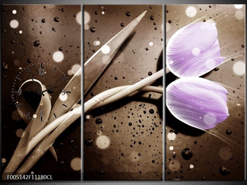 Klok schilderij Tulp | Paars, Grijs | 111x80cm 3Luik