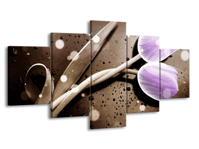 Canvas schilderij Tulp | Paars, Grijs | 150x80cm 5Luik